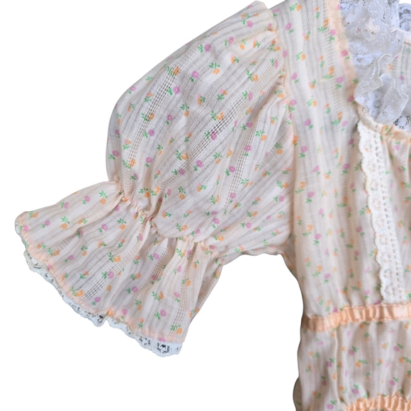 Vintage Girls Prairie Cottagecore Dress Lace Floral Gauze - Picture 5 of 9